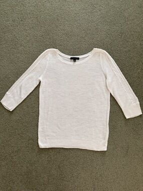 Ann Taylor White Linen Blend Crewneck Sweater Lace 3/4 Sleeve Detail Size M